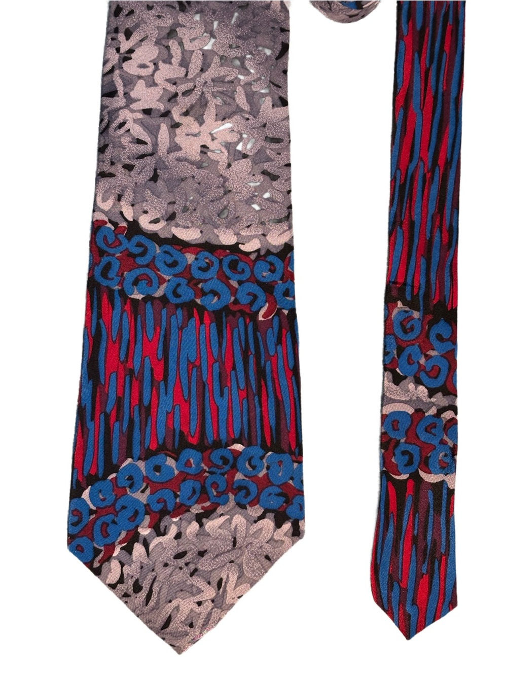 SAIA Made in USA Gray, Red, Blue, Black Abstract Design Silk Tie